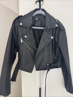 ZARA Black Faux Leather Cropped Biker Jacket